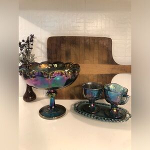 Vintage Indiana Carnival Glass Blue Iridescent Bol et crémier et sucrier